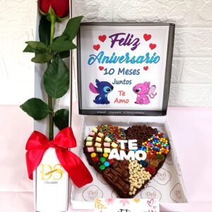 Brownie Corazon Aniversario con Caja de 1 Rosa Natural